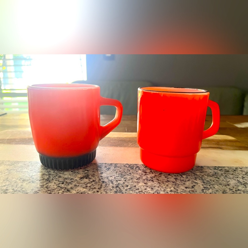 Vintage Fire King red milk glass stacking mugs set of 2 great for Christmas